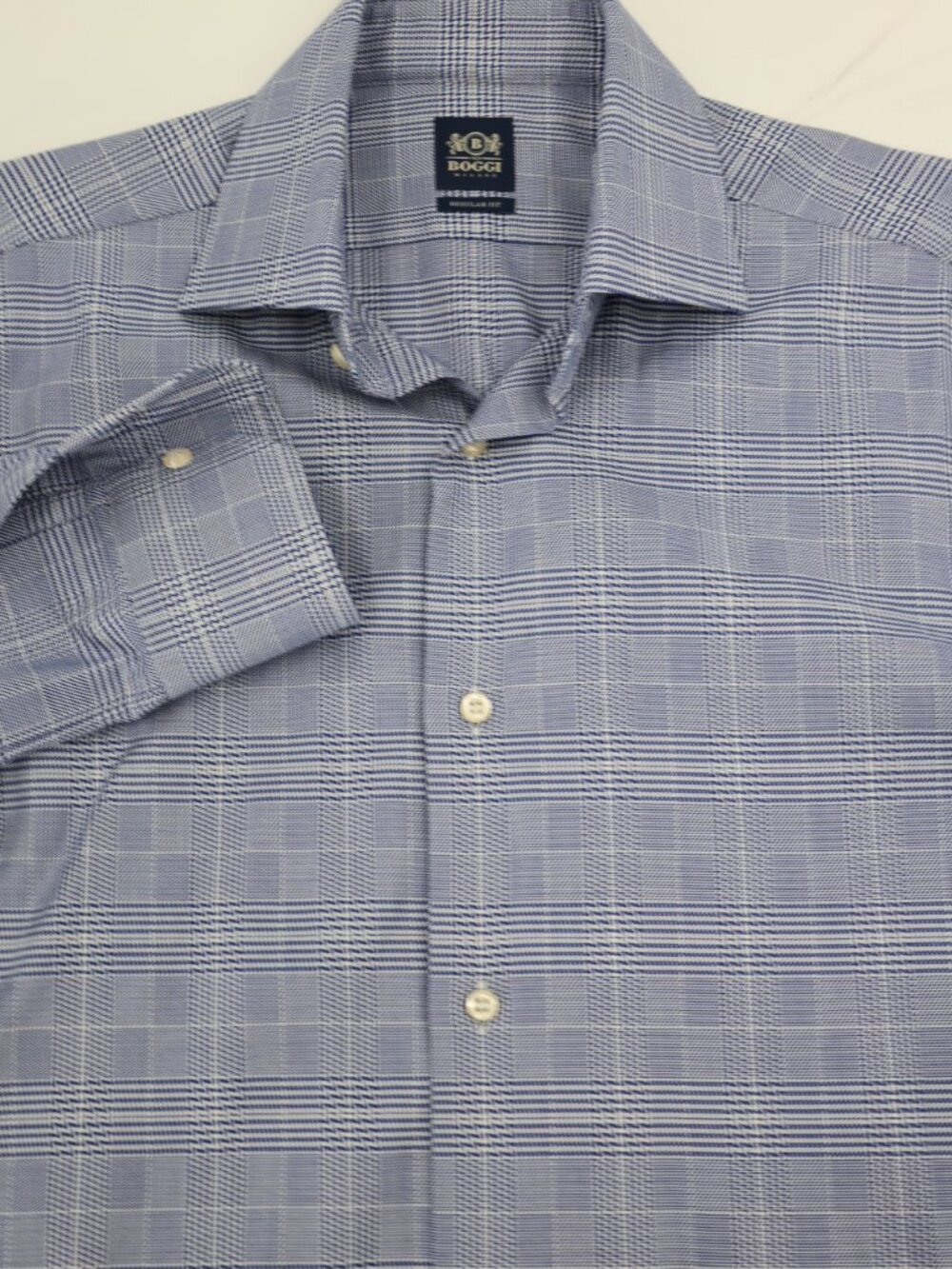 Boggi Milano Dress Shirt Men 38 Houndstooth Plaid Cotton Long Sleeve Blue preppy